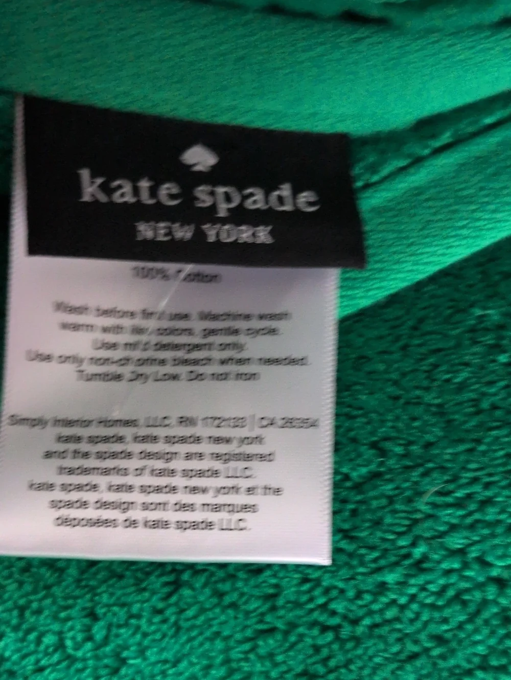KATE SPADE Large Green Bath Towels - Qty 2 New 100%cotton
